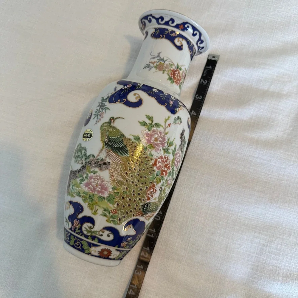 Tozan Japan Porcelain Peacock Floral Vase Cobalt Blue Gold Gilt 12 Inch Vintage